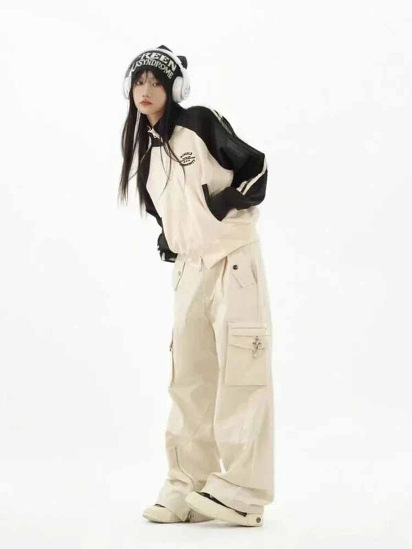 Jaket crop tambal sulam wanita, Y2k, jaket bergaris kerah berdiri gaya Korea, pakaian luar ruangan motif garis-garis baru untuk wanita