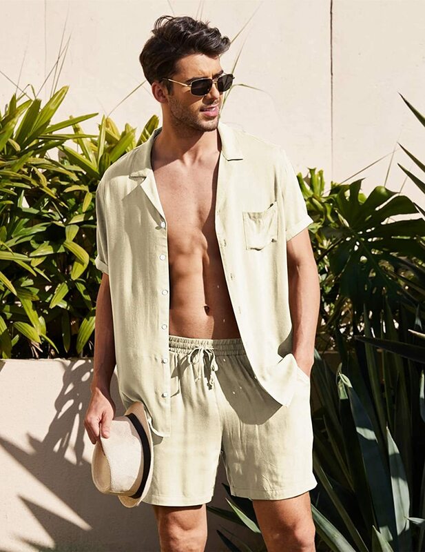 Camicia da uomo in lino a maniche corte in lino estate allentata Casual in cotone e lino Cardigan Shirt Shorts