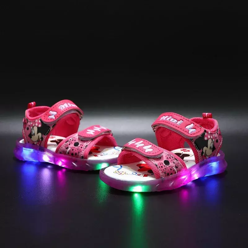 Disney-Sandálias Mickey Mouse LED para meninas, Minnie Sports para crianças, sapatos de praia, rosa, roxo, brilho suave, verão, tamanho 21-31