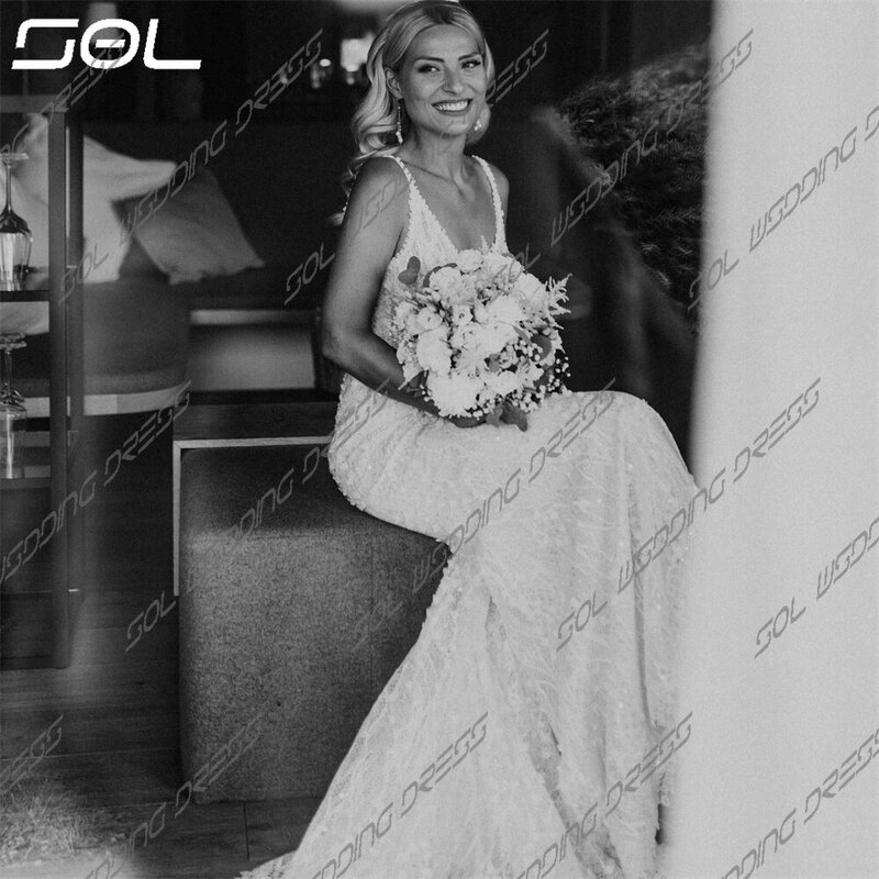 SOL-فستان زفاف دانتيل بدون ظهر مع أشرطة سباغيتي ، فساتين زفاف أنيقة على شكل حرف v ، قطار سويب ، مثير مخصص ، رائع