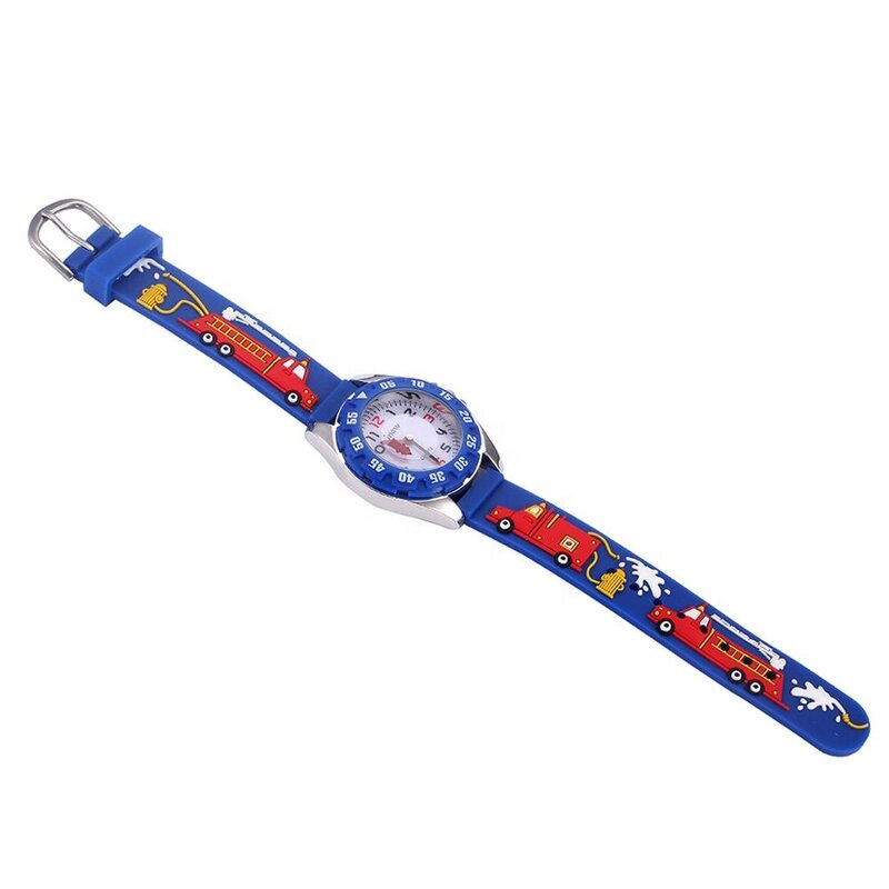 Blue Cartoon Strap Fire Truck Pattern Boy Kid orologio sportivo da polso orologio impermeabile per bambini