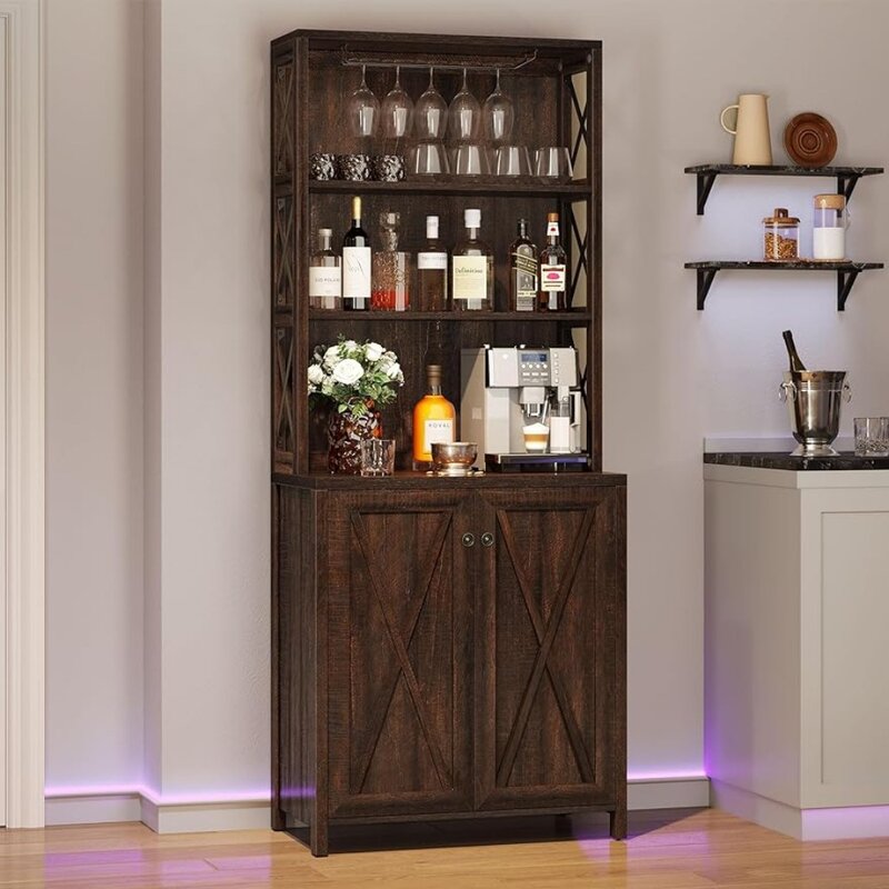 Шкаф для ликера и бокалов, шкаф для столовой с винной стойкой, высокий шкаф с открытыми полками для хранения, деревянные двери для гостиной