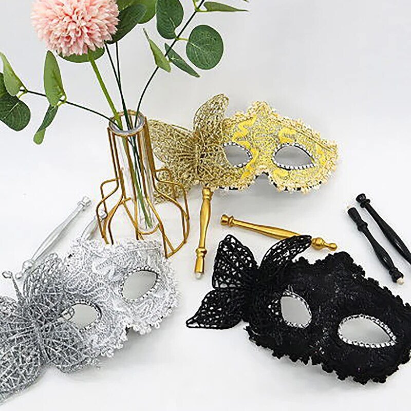 Topeng pesta Halloween, dengan tongkat pemegang, topeng pesta malam, topeng Cosplay panggung, masker setengah wajah Venesia untuk wanita