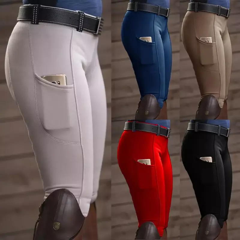 Pantaloni tinta unita pantaloni elastici da donna tasca Hip Lift pantaloni da corsa per cavalli equestri vestiti da equitazione
