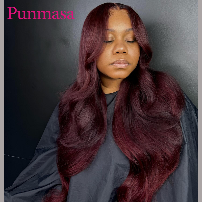Punmasa-Perruque Lace Front Wig Péruvienne Naturelle, Cheveux Humains, Couleur Bordeaux Foncé 99j, 13x4, 13x6 Wear Go, 5x5 Transparent Lace Wig, 200%