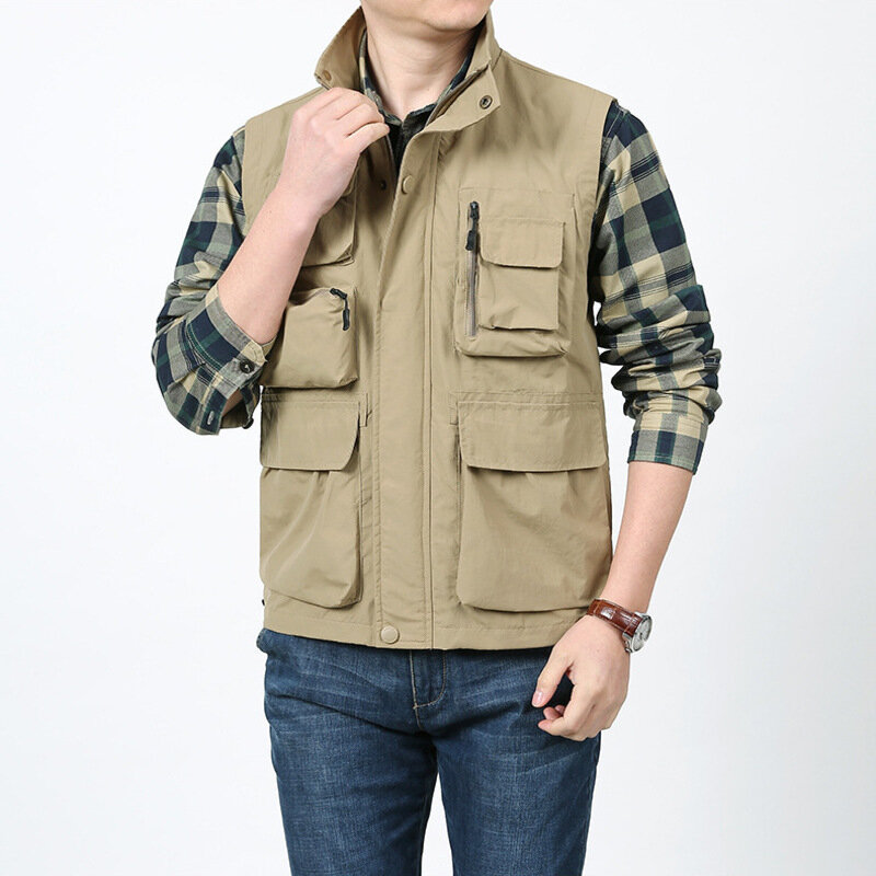 봄 데님 조끼 민소매 재킷, 여름 메쉬 남성 의류, 남자 멀티 포켓 작업 포켓, 전술 군사 낚시 코트