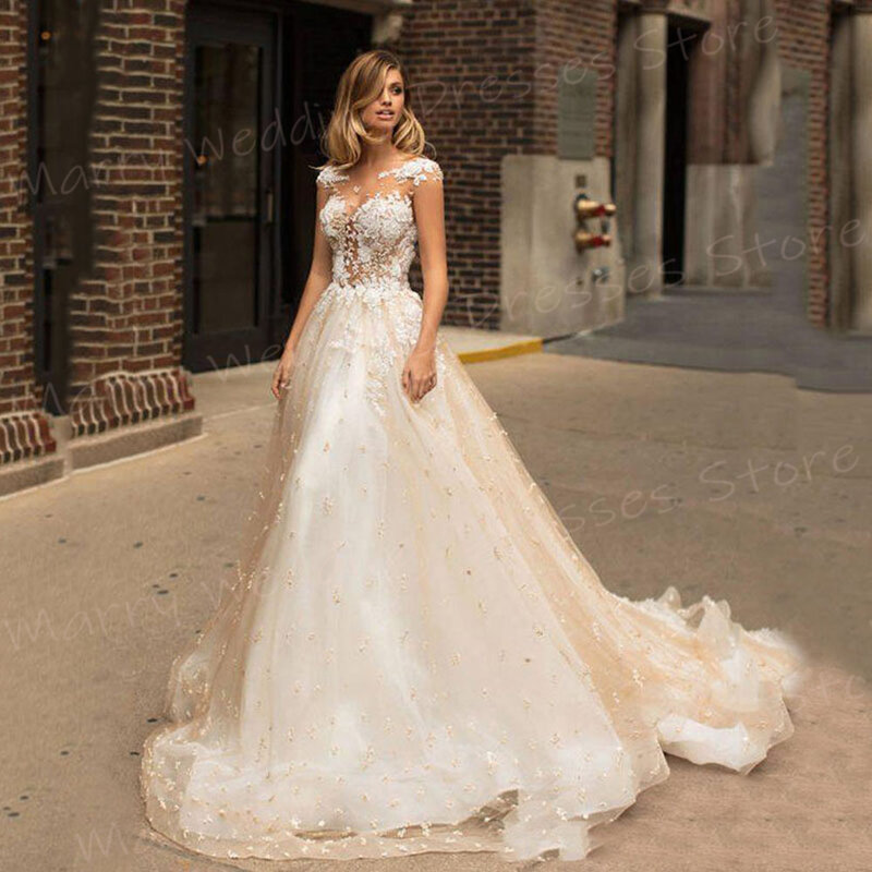 2024 Exquisite A Line Women's Wedding Dresses Classic Lace Appliques Bride Gowns Charming Cap Sleeves Backless Vestidos Femenino