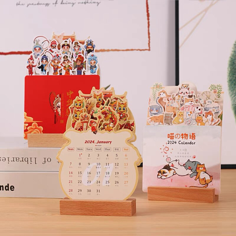 2024 neue blühende Blume Schreibtisch Kalender kreative Holz karte Kalender hochwertige Desktop-Kalender Illustrator dekorieren Lieferungen