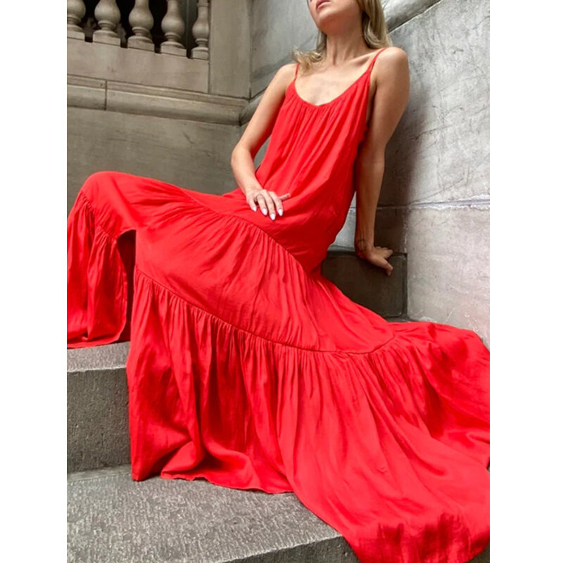 Robe longue plissée à coupe basse pour femme, couleur unie, sexy, tenue de soirée, style boho, rouge, été