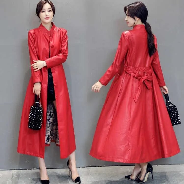 New Autumn Winter Leather Windbreakers Women Overcoat Fashion Slim Long Korean Belt Single-Breasted Leather Jacket Outwear 5XL