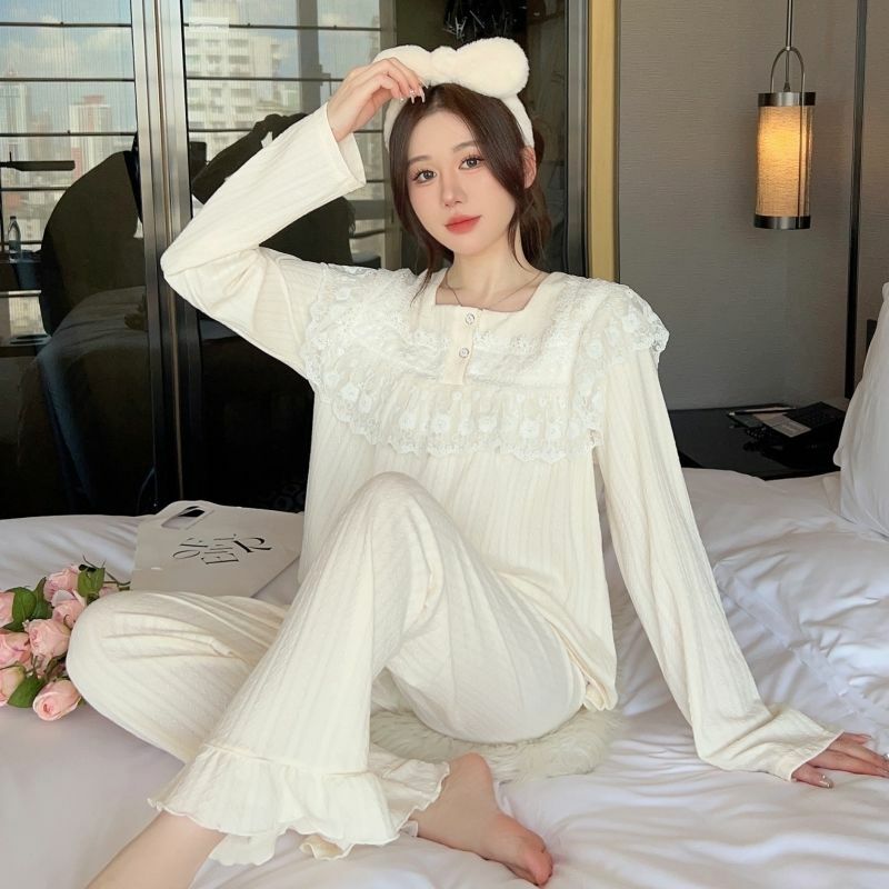 Frauen Pyjama 2024 neue Jacquard gekämmte Baumwolle quadratischen Kragen Spitze Nachtwäsche Set koreanischen Stil große weibliche Homewear Anzug