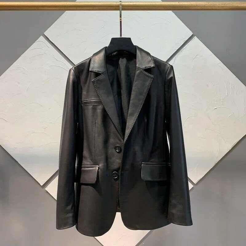2023 nowe prawdziwe kurtka z wełny ze strzyży damskie wiosenne jesienne kurtki z prawdziwej skóry Slim jednorzędowe płaszcz skórzany Casual Ja
