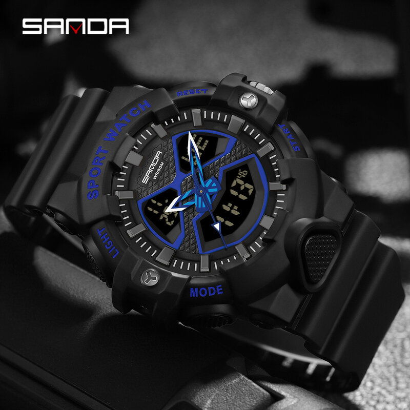 SANDA-reloj deportivo de cuarzo para hombre, cronógrafo Digital con pantalla Dual Led, resistente al agua hasta 50m, 3150