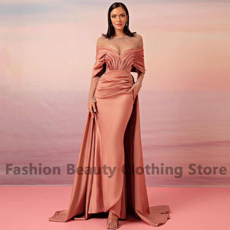 Элегантное женское платье с круглым вырезом, украшенное бисером, Драпированное длинным рукавом, женское вечернее платье с юбкой-годе в Дубае для торжественных случаев, со шлейфом