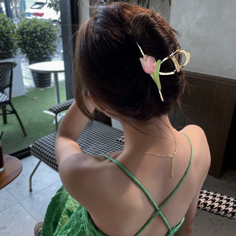 Novo elegante tulipa flor de metal grampos de cabelo para mulheres rabo de cavalo garra clipe de tubarão doce para meninas ornamento presentes