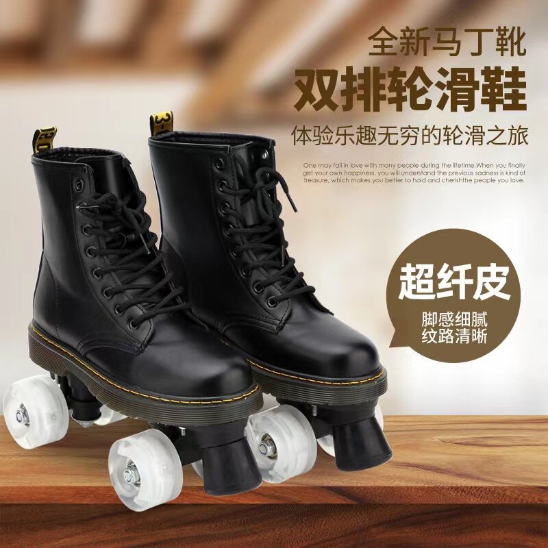 Sepatu bot kulit 4 roda serat mikro, sepatu bot hangat musim gugur musim dingin, sepatu bot 4 roda warna hitam dewasa baris ganda, sneaker geser Quad