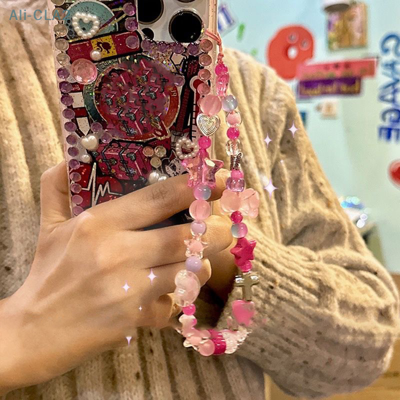 Cadena de teléfono móvil con cuentas de pentagrama de oso rosa para mujeres y niñas, cordón con encanto, joyería Y2k, colgante para funda de teléfono, decoración