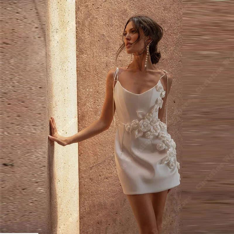 ชุดแต่งงานสั้นผ้าซาตินสีสดใสเซ็กซี่สำหรับผู้หญิงเดรสสำหรับเจ้าสาวทรงเอไลน์พิมพ์ลาย3D 2024แขนกุดสง่างามสำหรับผู้หญิง Vestidos de Novia