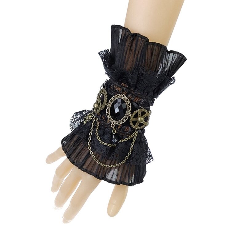 Damskie koronkowe rękawiczki bez palców, marszczone, imitacją rękawów, odpinane mankiety na nadgarstki Żabot