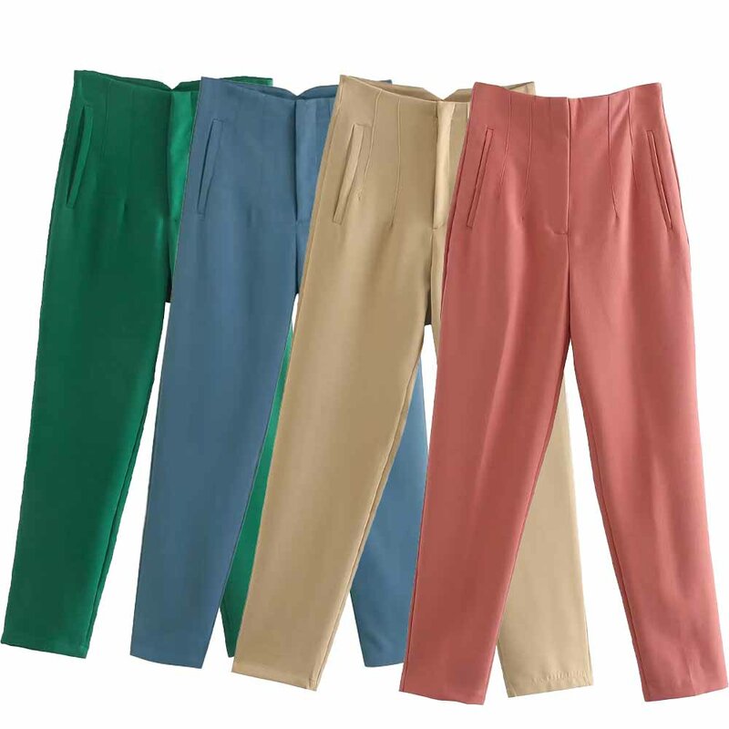 Pantaloni dritti multicolori da donna 2024 New Chic Fashion pantaloni da donna con tasca laterale a vita alta retrò Mujer