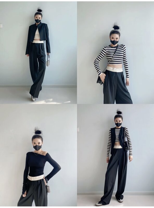 ETJ-Pantalon de costume pour femme, nouvelle collection automne 2023, à la mode, couleur haute audio contrastée verticale, 4661/402