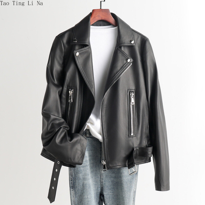 Genuine Sheepskin Leather Jacket Women Motorcycle Suit Collar Real Sheep Leather Jacket S15