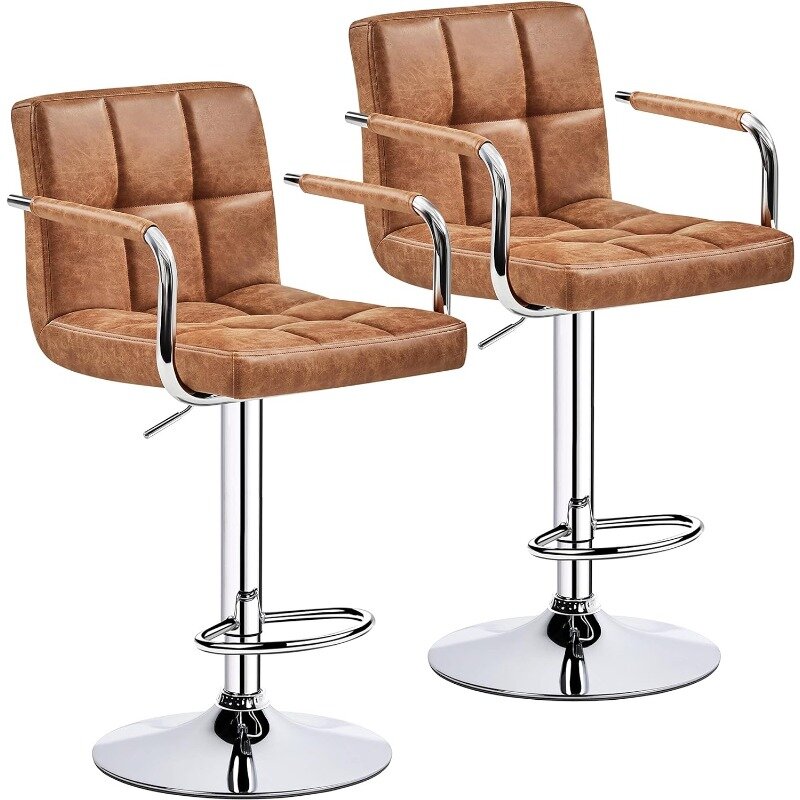 Tall Bar Stools Set of 2 Modern Square PU Leather Adjustable BarStools Counter Height Stools with Arms