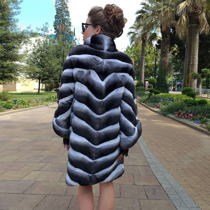 Chinchilla Colored Fur Coat Women Natural Rex Rabbit Fur Jacket Classic Stand Collar Overcoat Autumn Winter Warm Outwear