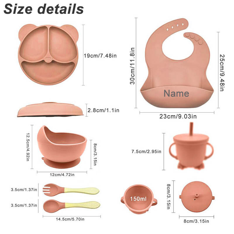 Set di piatti per l'alimentazione del bambino ciotola di aspirazione piatto in Silicone per bambini 6 pezzi stoviglie per bambini nome personalizzato piatti per la cena tazze cucchiaio