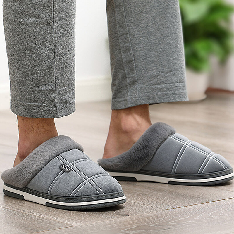 Zapatillas de casa a rayas para hombre, pantuflas de interior cómodas, cortas, de felpa, cálidas, antideslizantes, color gris/marrón, talla grande 46-51