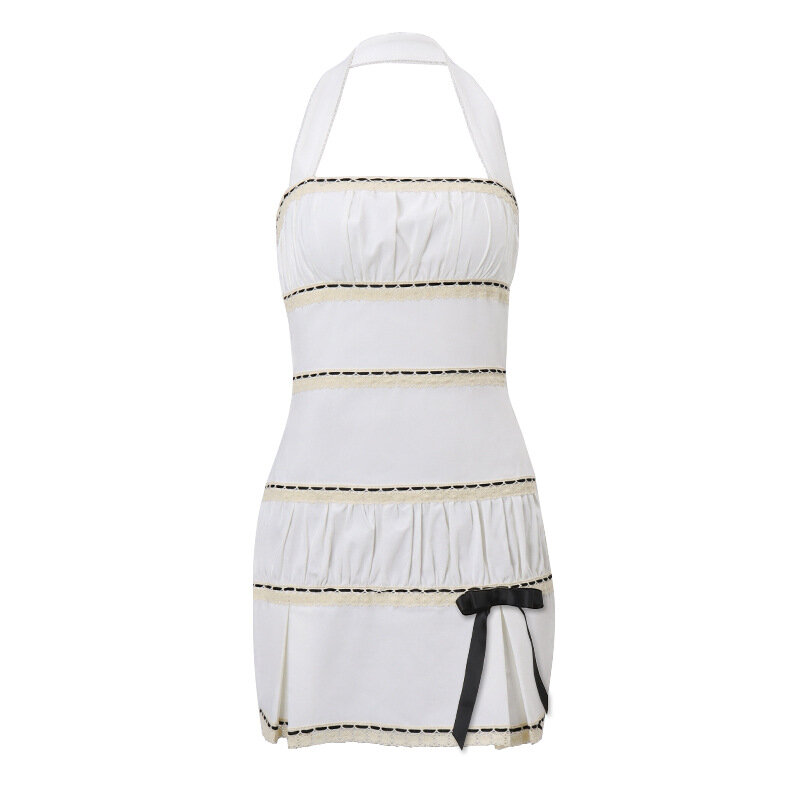Mini vestido feminino TRAUXY-Halter, cor de contraste, vestido regata com laço, vestidos plissados sem costas, fofos, verão, novo, 2022