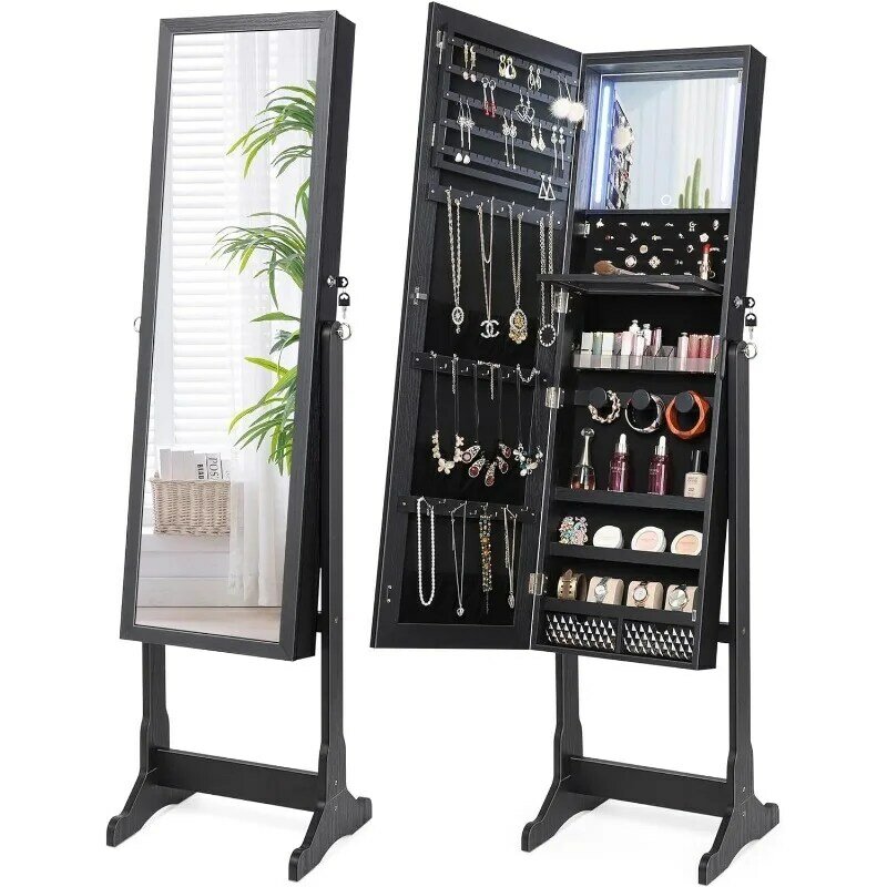 Touch Screen LED Jewelry Organizer, Freestanding Full Length Mirror Jewelry Cabinet, Standing Mirror with Jewelry Storage