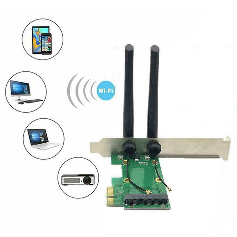 Adaptor PCI-E Express ke PCI-E Mini WiFi kartu nirkabel dengan 2 antena eksternal untuk PC