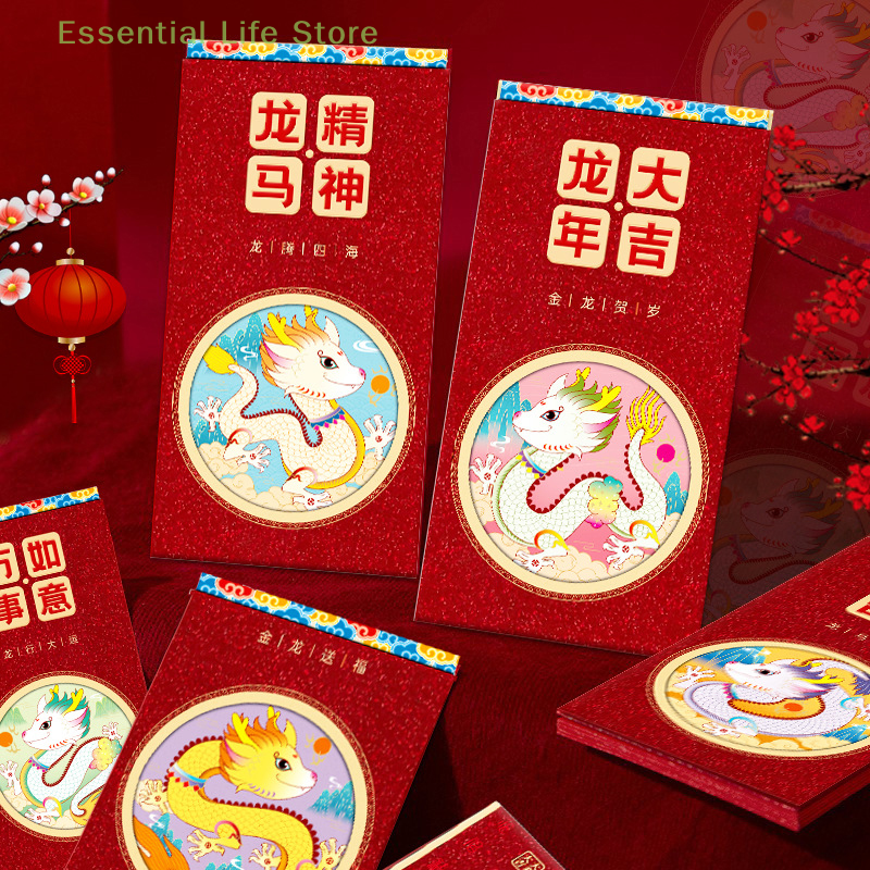 6 buah amplop merah Tahun Naga kreatif kartun 2024 paket HongBao Tahun Baru Tiongkok hadiah berkat Tahun Baru