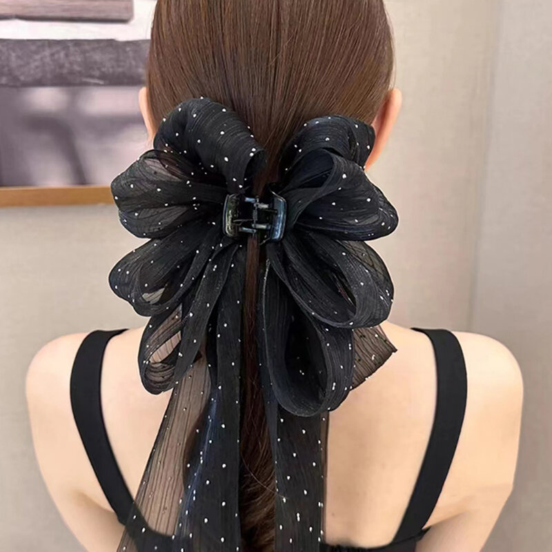 Mesh Large Bow Hair Claw Shark Clip Hairpin For Women Korean Sweet Ponytail Hair Clip Girls Ribbon Non-slip Hair Accessories