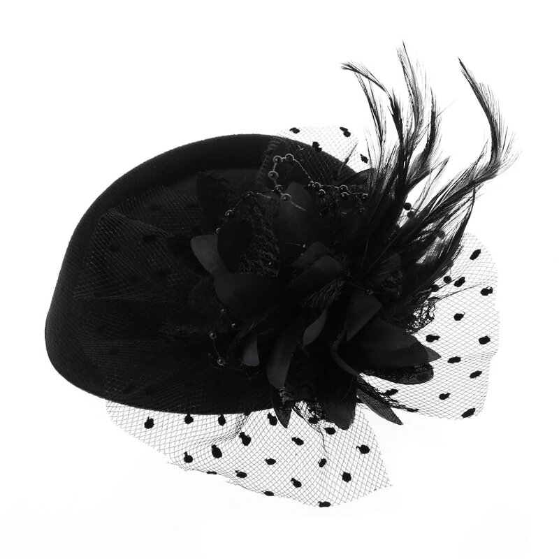 X7YC Fascinator หมวก20S 50S Vintage สีทึบ Pillbox ดอกไม้ Feather ตาข่าย Veil งานแต่งงานปาร์ตี้ Headwear