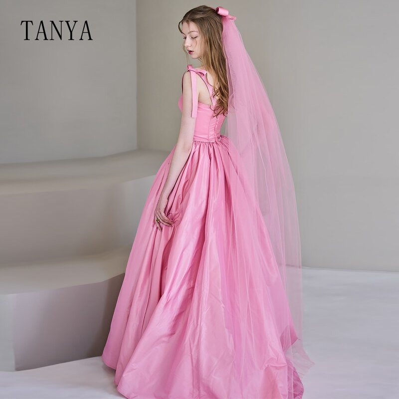 Романтическое розовое свадебное платье принцессы со съемным бантом, ТРАПЕЦИЕВИДНОЕ свадебное платье на бретелях-спагетти, свадебное платье из тафты со шлейфом