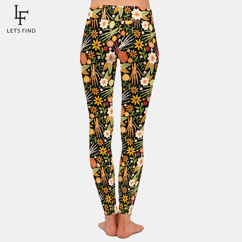 LETSFIND-Leggings femininas stretch full, cintura alta, padrão 3D de Halloween com ossos e elementos florais estampados, outono, novo