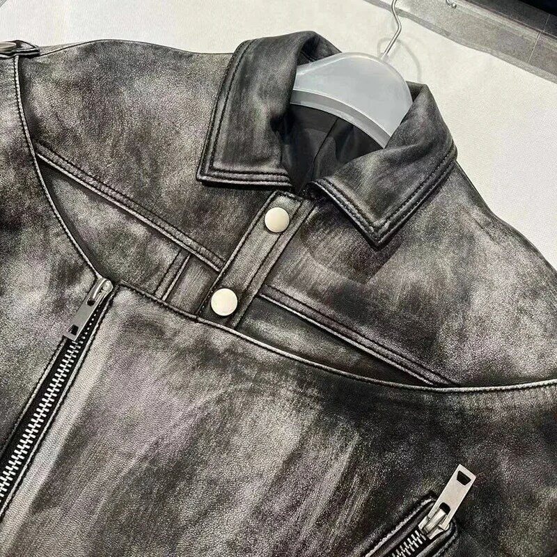 Leather Fashion Moto Jacket Vintage Sheepskin Leather Coat Lady Biker Jackets Distressed Detachable Sleeve QG5466