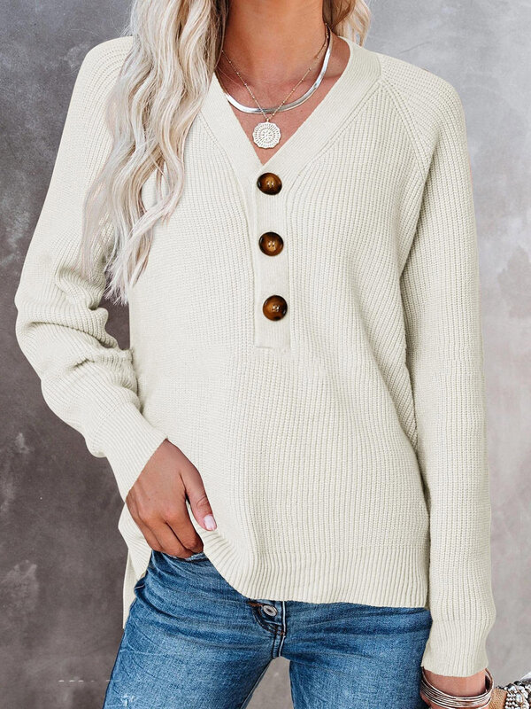Sweater rajut leher V wanita, atasan lengan panjang berkancing musim gugur dan musim dingin 2023