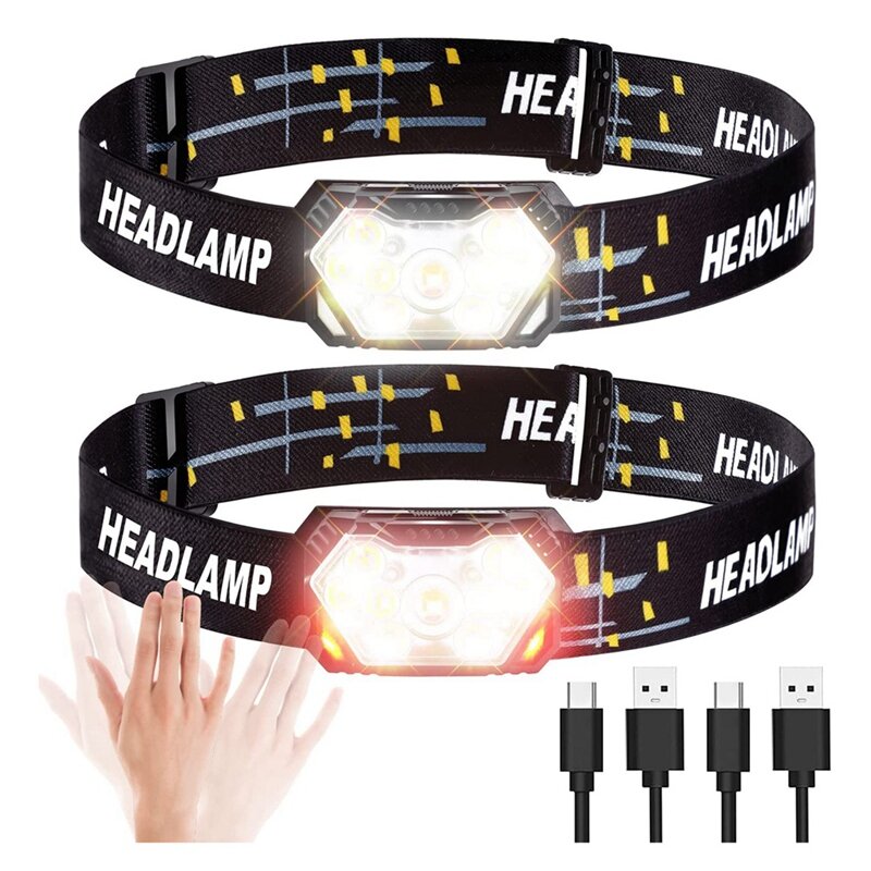 2 PCS Head Light With Red Light Induction Mode Waterproof Lighting Are Suitable For Running, Riding, Camping And Working