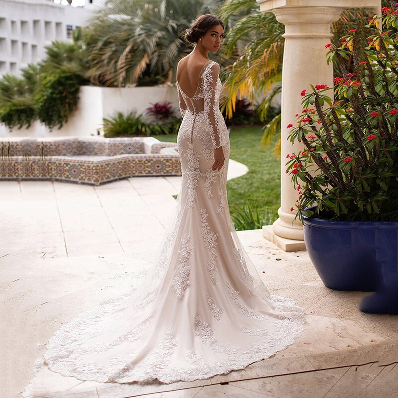 I OD Elegant V-Neck Mermaid Wedding Dresses Long Sleeves Lace Appliques Backless Bridal Gown Floor Length Vestidos De Novia New
