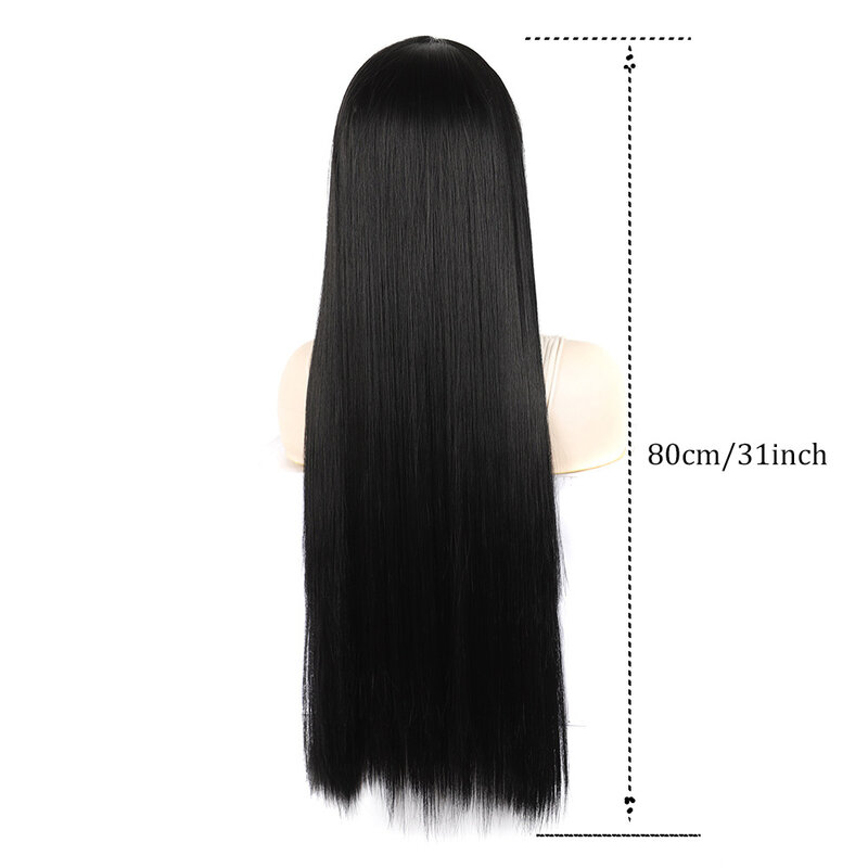 Оптовая продажа, азиатские, японские, корейские, 32 дюйма, 80 см, супер длинные прямые черные синтетические волосы, женские прямые парики, челки, для косплея