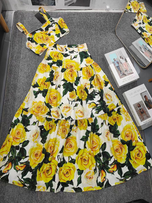 Spring and summer new holiday style yellow rose print shirt short blouse+big skirt 2024 women's two-piece suit