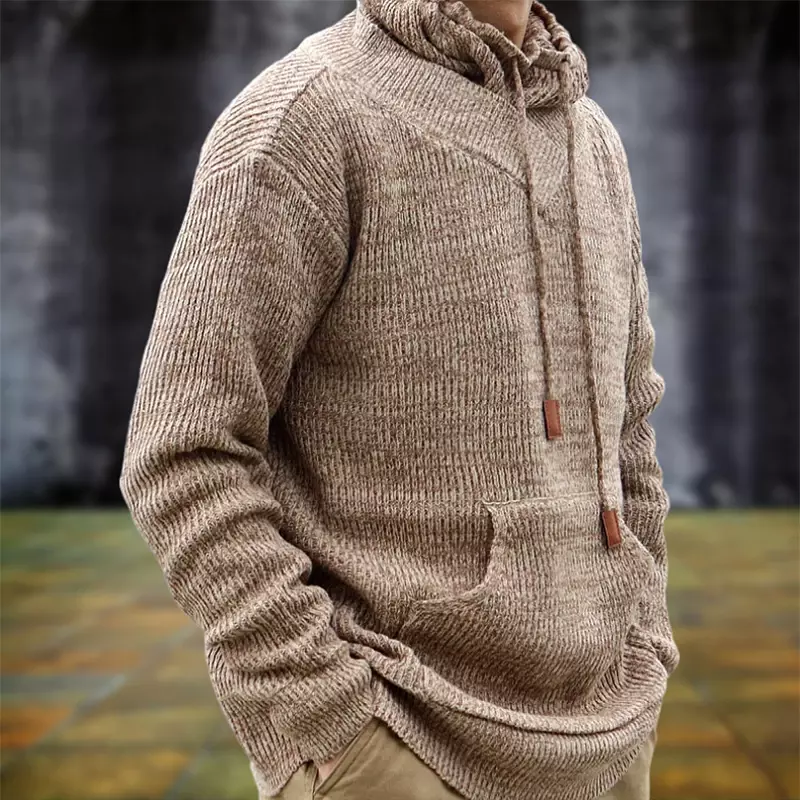 Dzianina w stylu Vintage swetry męskie modne golf z ze ściąganym kapturem, długa rękawem dziergany sweter bluza z kapturem jesienno-zimowym ciepłym swetrem