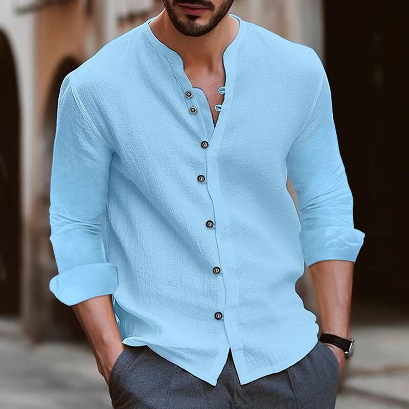 Men's Long leeve Sleeve Tshirt V neck 7 Buttons Button Cotton Linen Shirt Men's Casual Clothes Popular Tops for Men