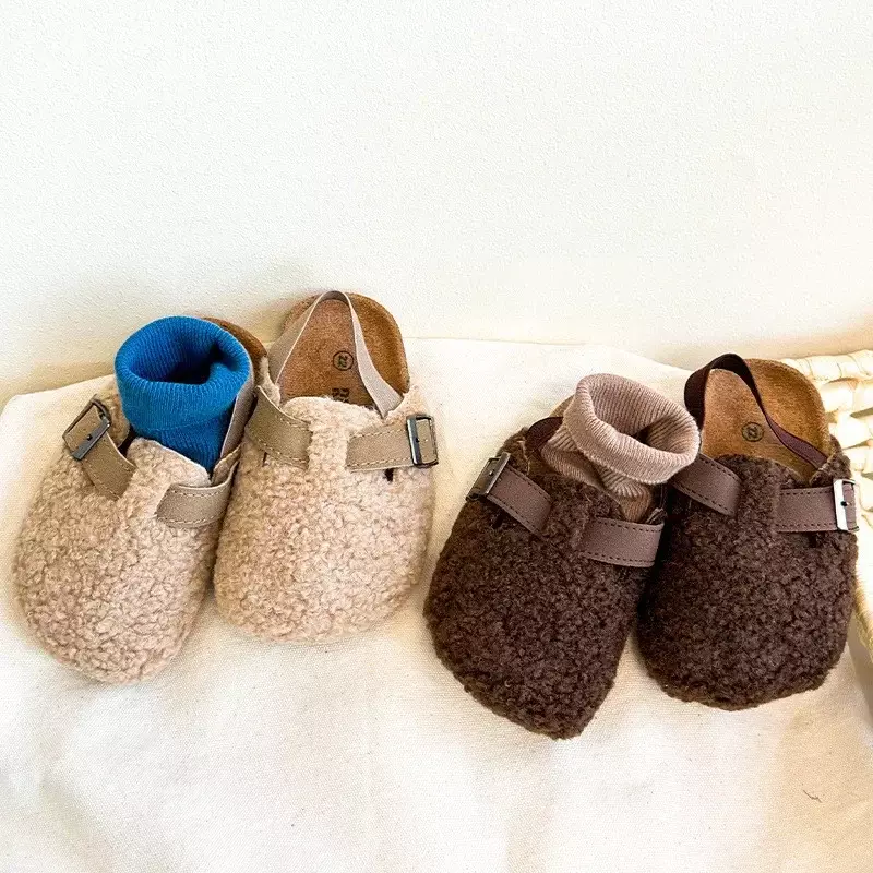 Zuecos elásticos de forro polar para niños, zapatillas de felpa para bebés, calzado para niños pequeños, zapatos de suela suave y cálida para el invierno