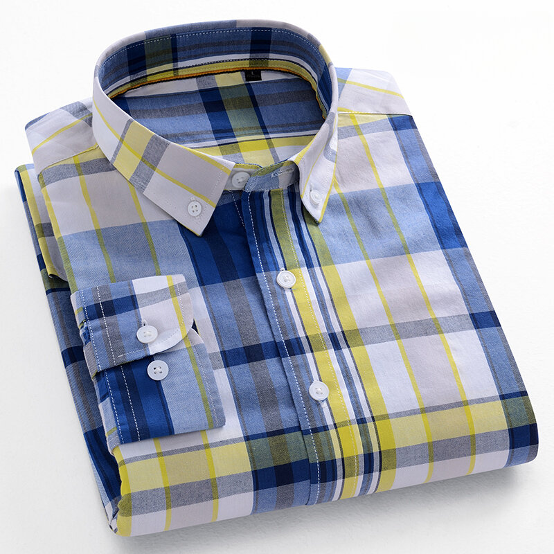 Camisas informales de manga larga para hombre, Camisa lisa ajustada, 100% algodón, tops a rayas a cuadros, ropa de diseño suave, tendencia coreana