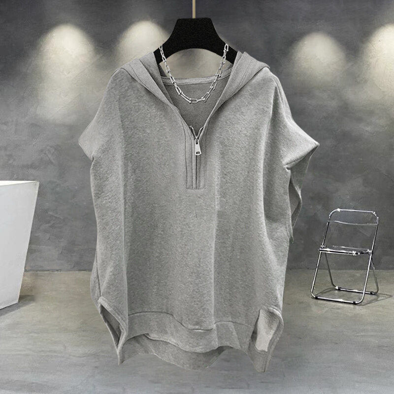 Summer Zipper Hooded Sleeveless T-shirt Men's Korean Fashion Tank Tops 2024 New Y2K Streetwear Casual Vests Hip Hop Tee Shirts