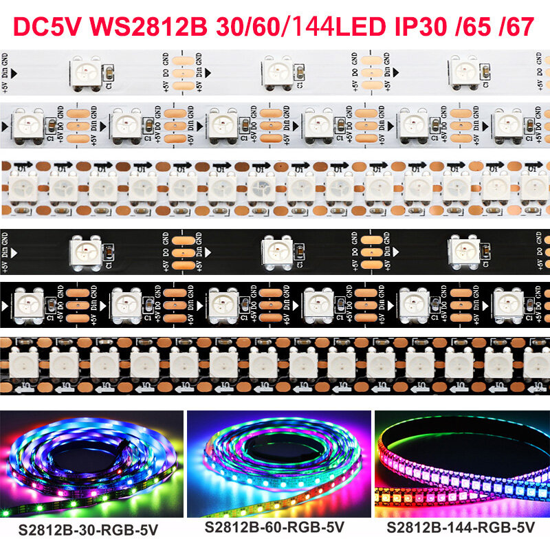 WS2813 WS2812B SK6812Digital ความละเอียดแบบปรับได้แถบไฟ LED พิกเซลแบบปรับที่อยู่ได้แถบไฟ LED RGB 30/60/144/พิกเซล /LED/m ไฟแบบเทป5V